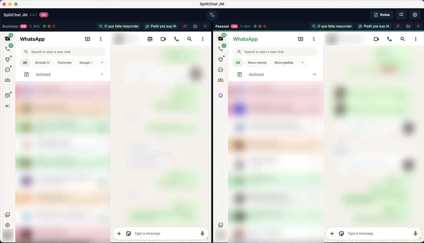 Tela real do SplitChat JM com as duas contas abertas lado a lado