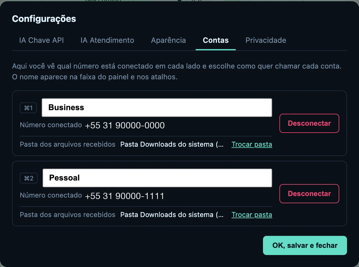 Tela de configurações do SplitChat JM na aba Contas, com os números de telefone fictícios