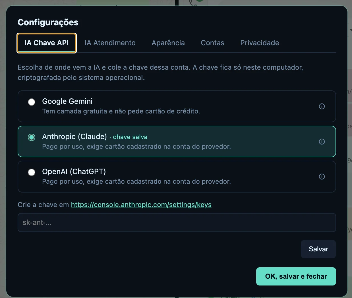 Tela de configurações do SplitChat JM na aba IA Chave API, com os três provedores de IA