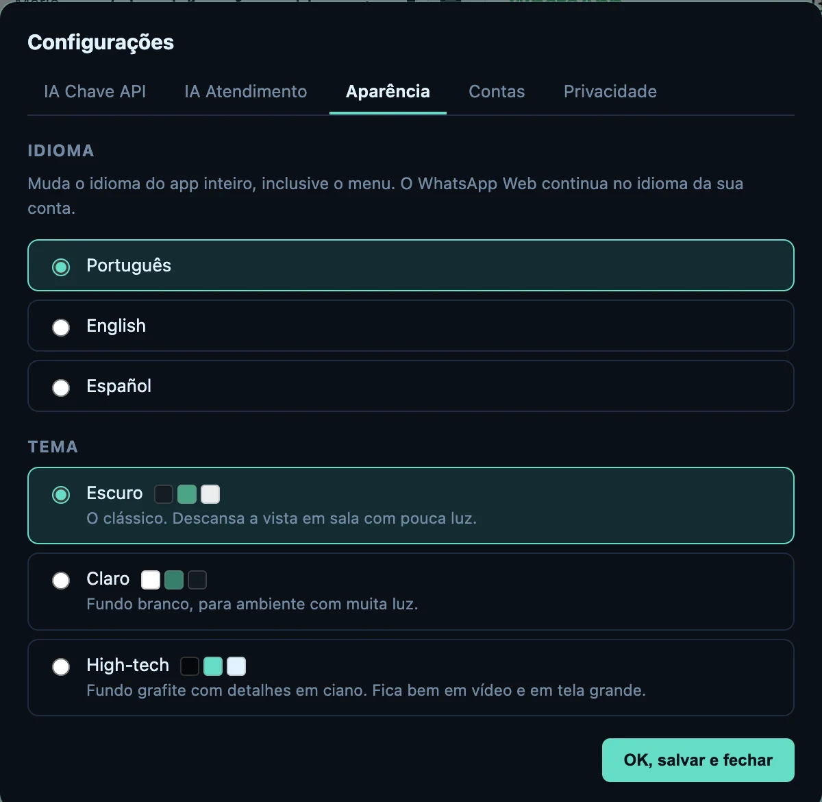 Tela de configurações do SplitChat JM na aba Aparência, com os idiomas e os três temas