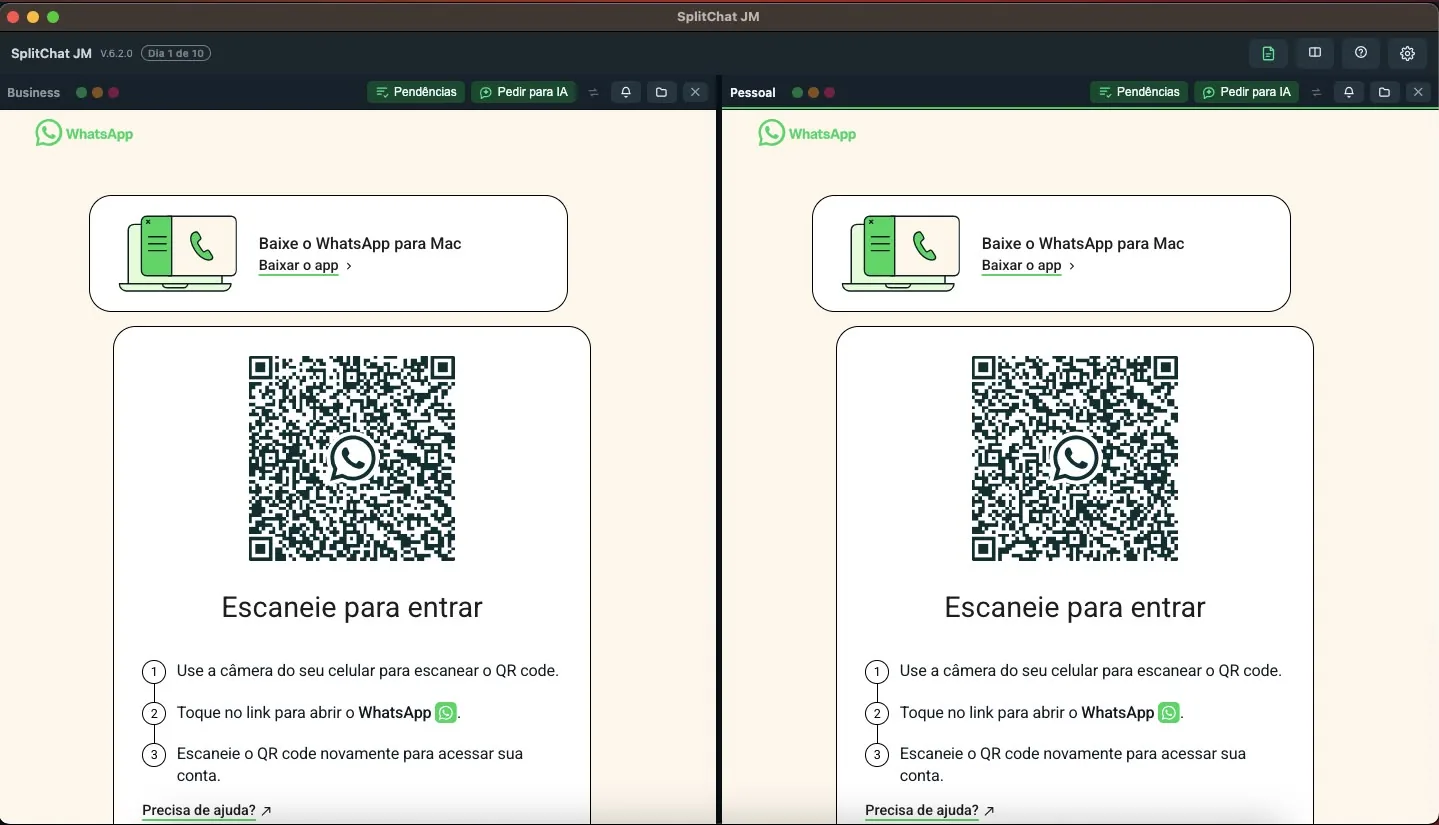 Tela inicial do SplitChat JM 6.2.0: as contas Business e Pessoal lado a lado, cada uma mostrando o QR code para conectar o celular
